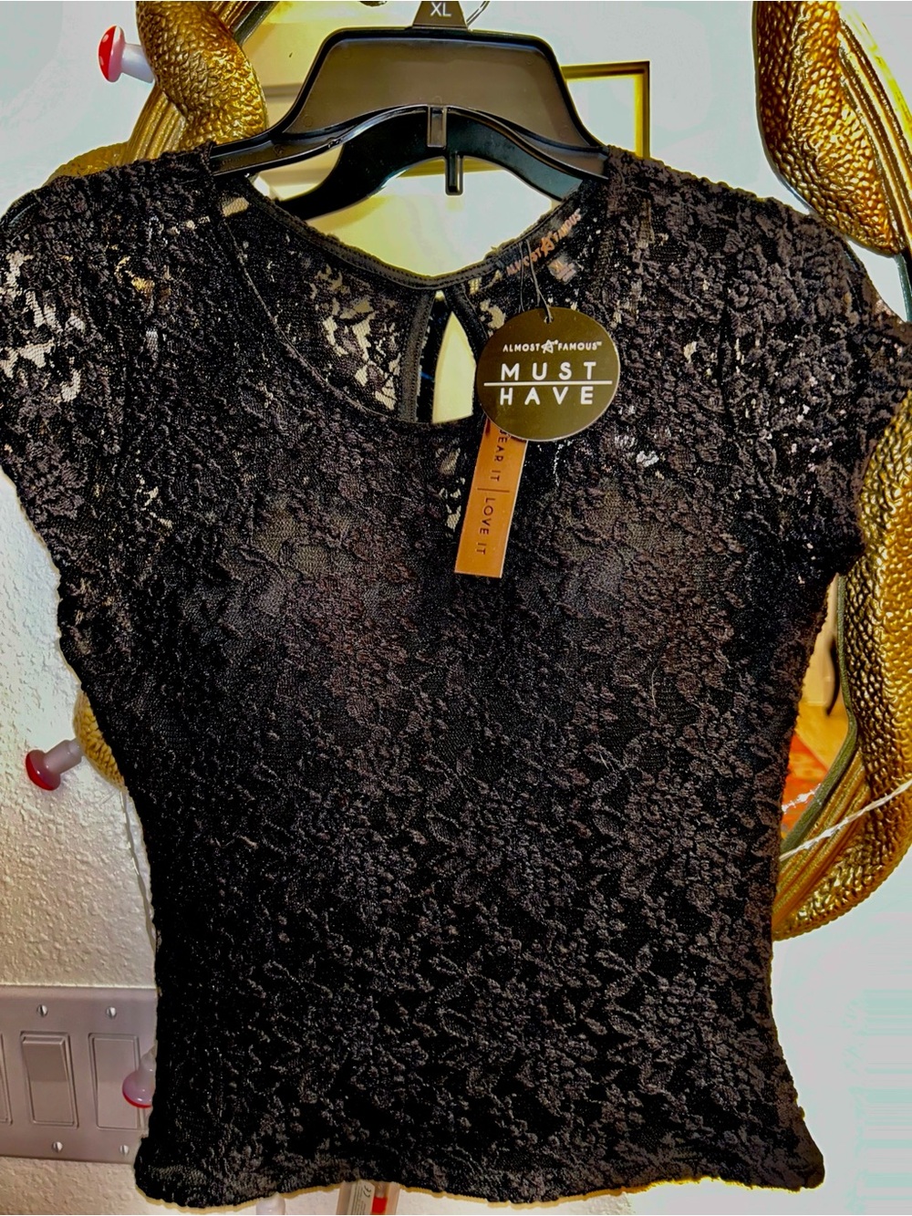 Vintage Y2K Almost Famous Black Floral Lace Short Sleeve Top